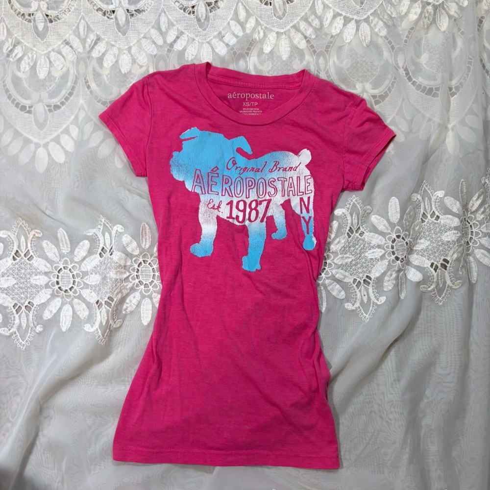 Y2K Preppy Aeropostale Pink Bulldog Graphic T-Shirt NY XS Short Sleeve Tee